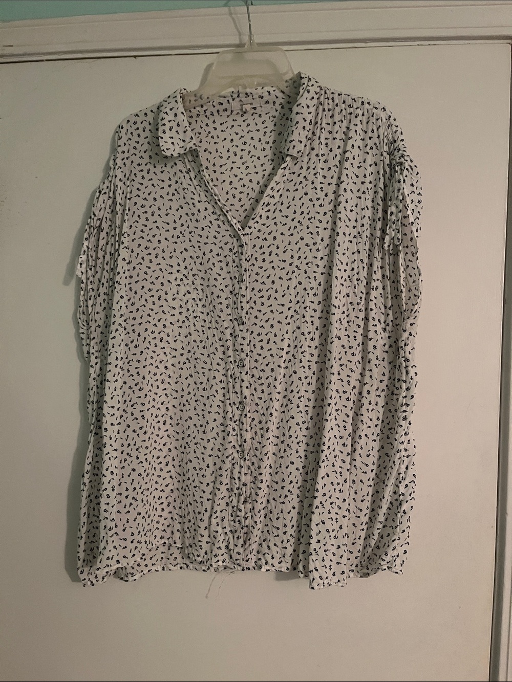 Maurices White Button-Down Top with Black Micro Print